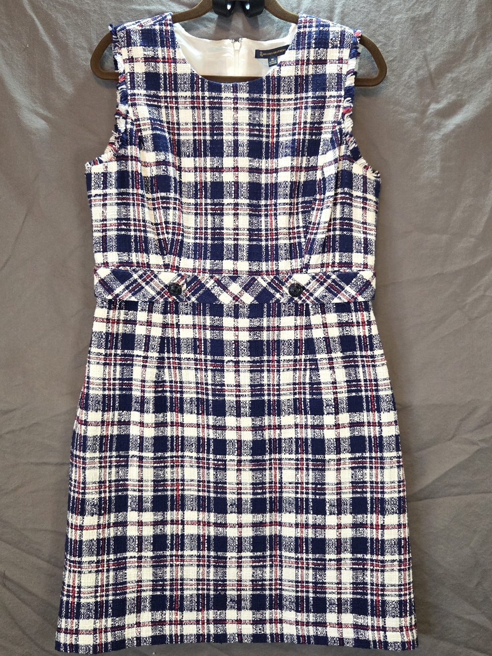 Brooks Brothers Size 14 Plaid Boucle Tweed Sleeveless Dress Fringe Trim Navy Red